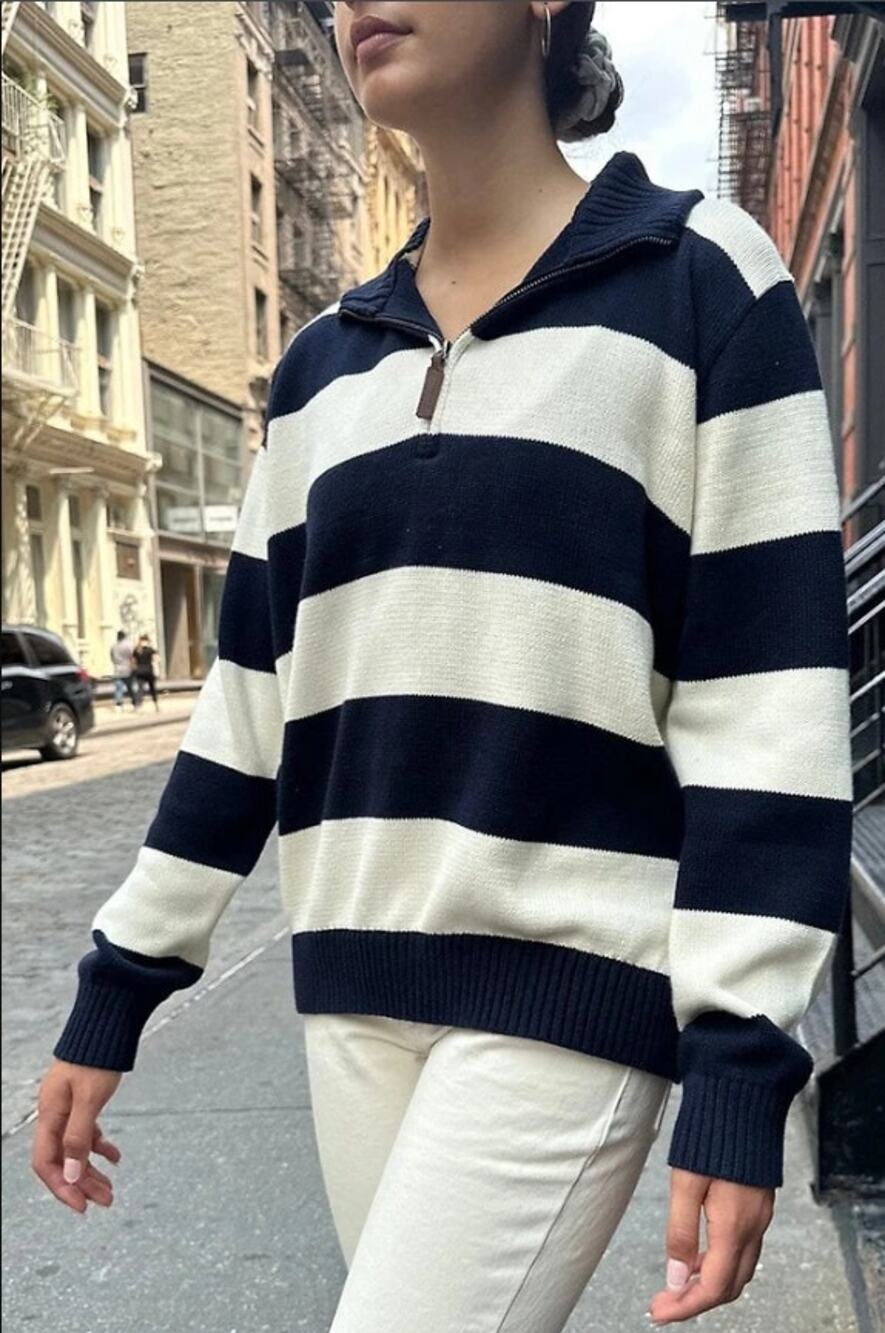 Brandy Melville Katiana Polo Sweater Women Sz OS Navy Blue Cream Striped Cotton